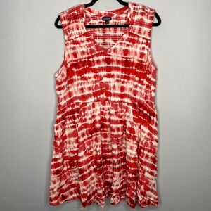 Torrid Red White Tie Dye Smocked V Neck Sleeveless Dress Size 2X Pockets‎